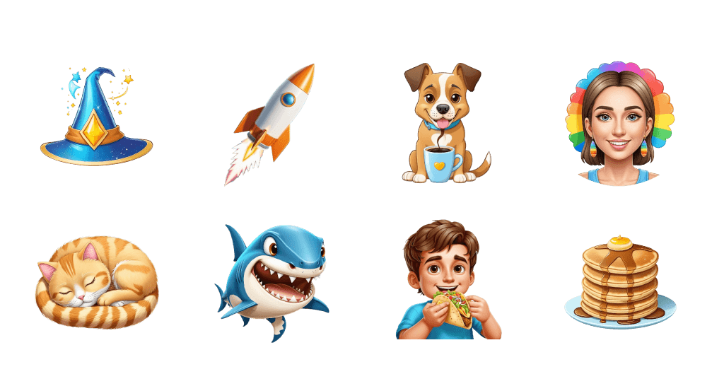 Collection of AI generated emojis including wizard hat, rocket, dog, portrait, cat, shark, boy eating and pancakes